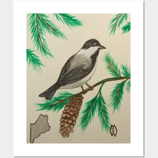 Maine state bird and flower, the chickadee and pine cone Posters and Art